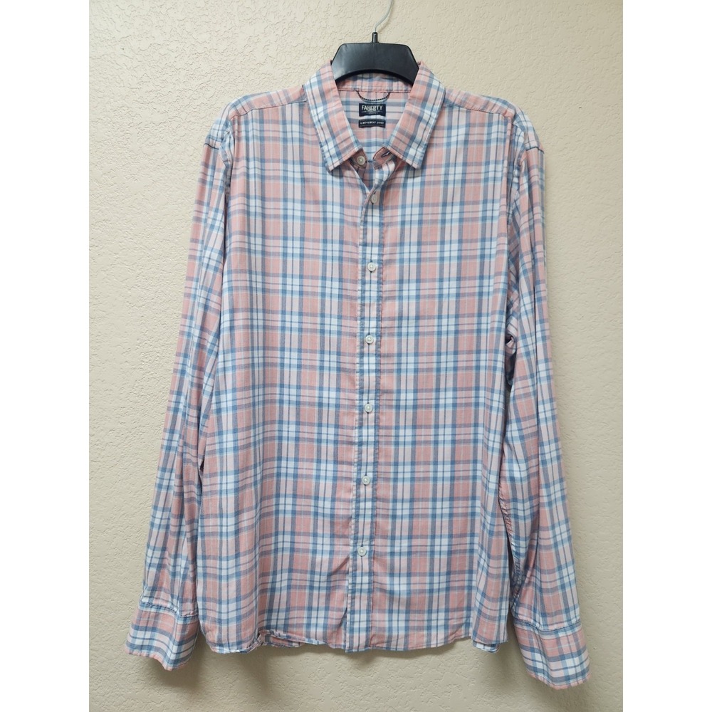Faherty Movement Shirt Mens XL Plaid Button Down Coral Blue Long Sleeve Stretch